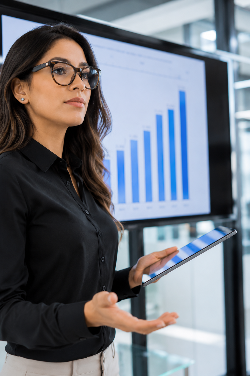 Executiva apresentando resultados de vendas com gráfico de crescimento